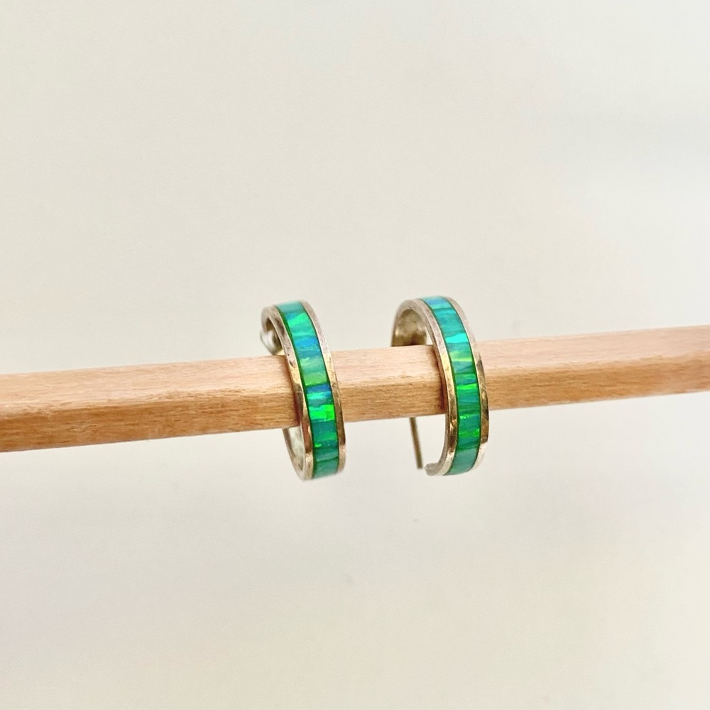 -sold- Vintage 925 Silver Green Fire Opal Hoops